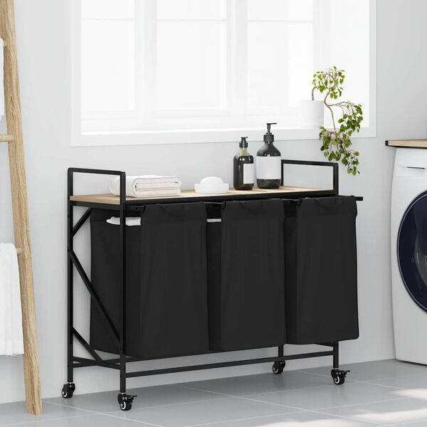 vidaXL Koš na prádlo se 3 přihrádkami a kolečky dub sonoma