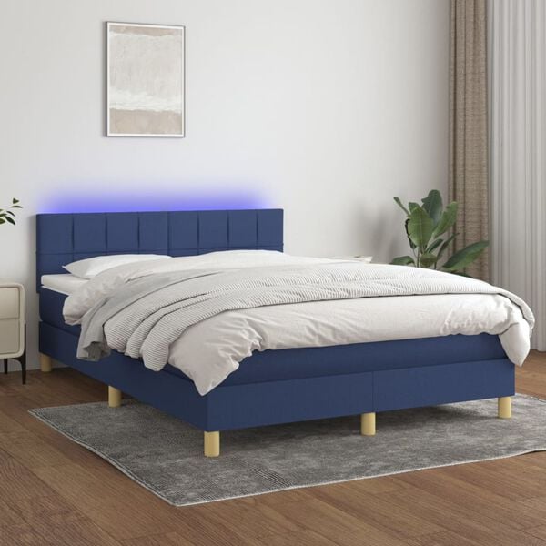 vidaXL Box spring postel s matrac&iacute; a LED modr&aacute; 140x190 cm textil