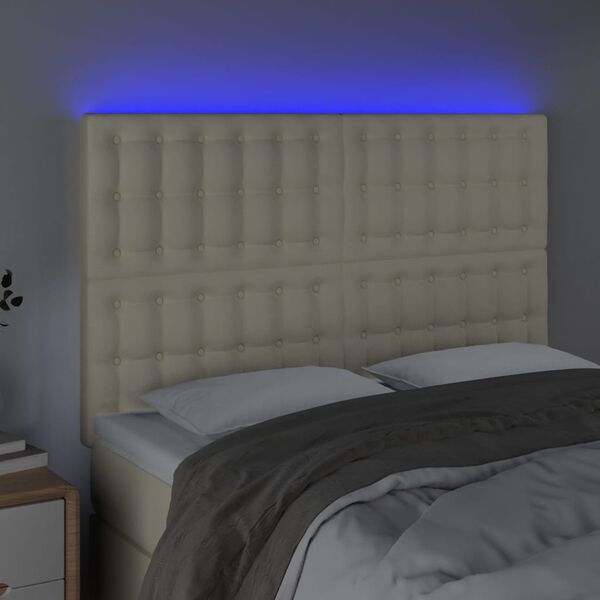 vidaXL Čelo postele s LED kr&eacute;mov&eacute; 144x5x118/128 cm uměl&aacute; kůže