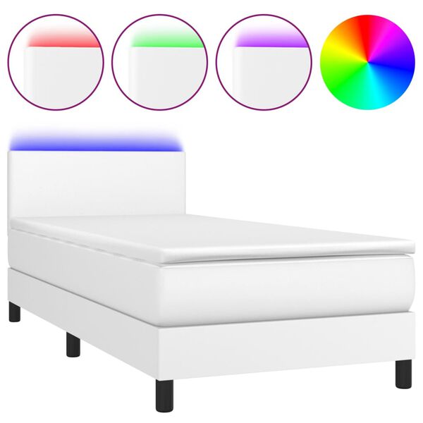 vidaXL Box spring postel s matrac&iacute; a LED b&iacute;l&aacute; 100x200 cm uměl&aacute; kůže