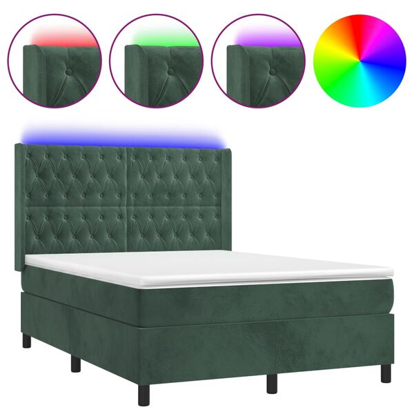 vidaXL Box spring postel s matrac&iacute; a LED tmavě zelen&aacute; 140x190 cm samet