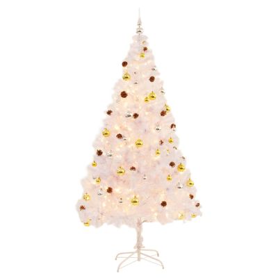 vidaXL Umělý vánoční stromek s baňkami a LED osvětlením bílý 210 cm