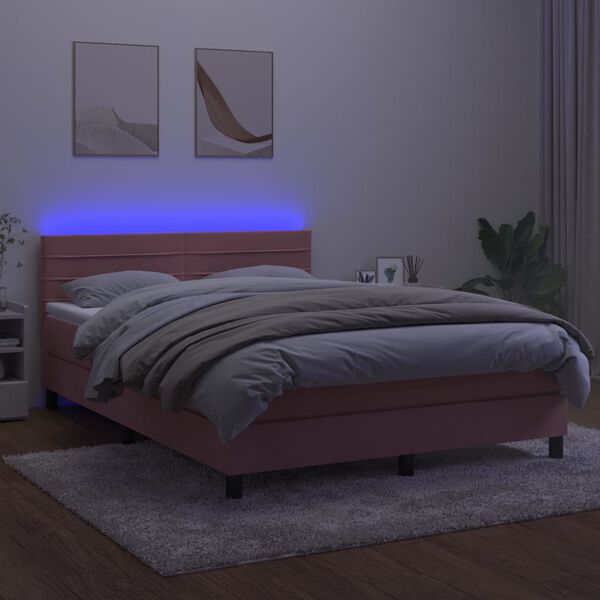 vidaXL Box spring postel s matrac&iacute; a LED růžov&aacute; 140x190 cm samet