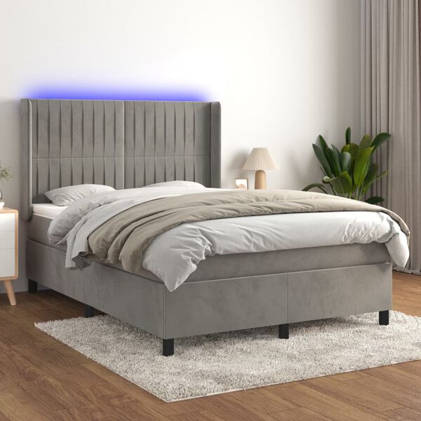 vidaXL Box spring postel s matrac&iacute; a LED světle &scaron;ed&aacute; 140x200 cm samet