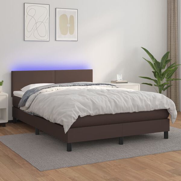 vidaXL Box spring postel s matrac&iacute; a LED hněd&aacute; 140x190 cm uměl&aacute; kůže