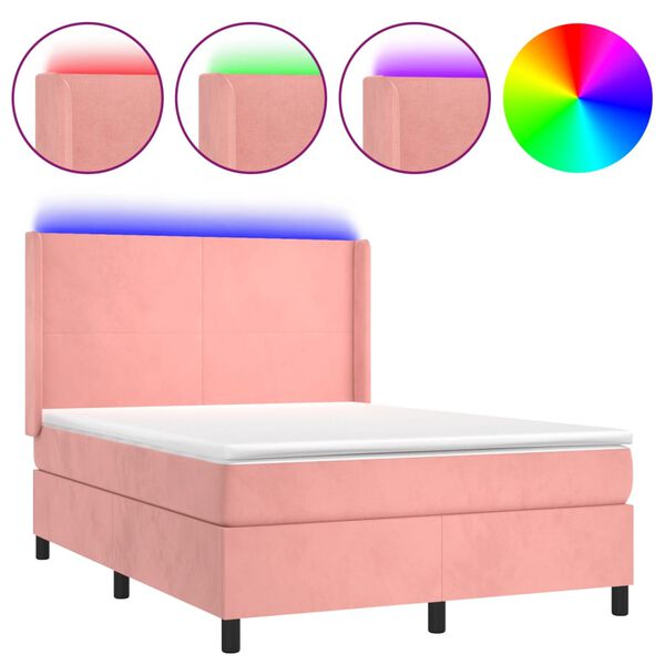 vidaXL Box spring postel s matrac&iacute; a LED růžov&aacute; 140x190 cm samet