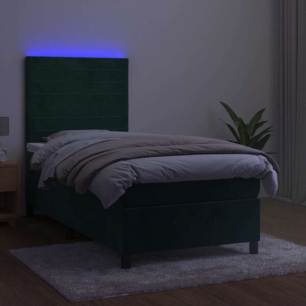 vidaXL Box spring postel s matrac&iacute; a LED tmavě zelen&aacute; 90x200 cm samet