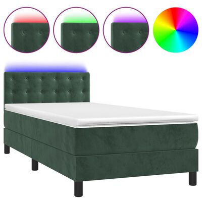 vidaXL Box spring postel s matrací a LED tmavě zelená 100x200 cm samet