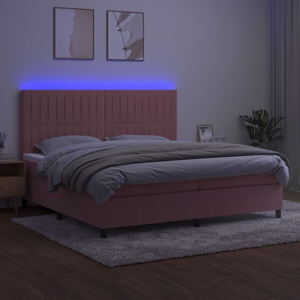 vidaXL Box spring postel s matrac&iacute; a LED růžov&aacute; 200x200 cm samet