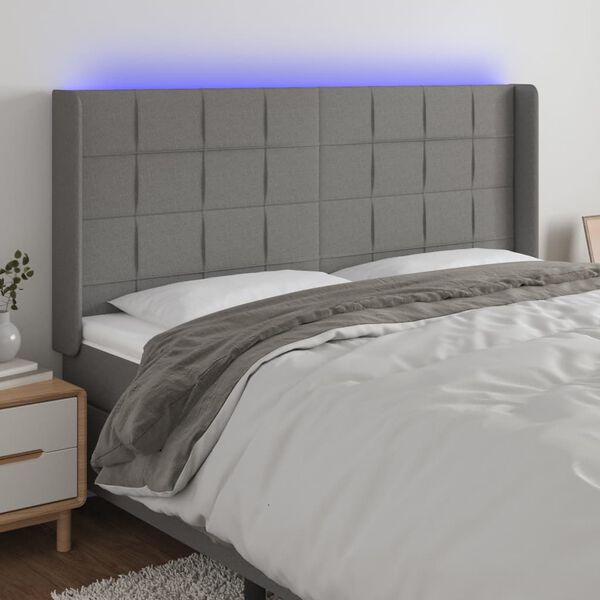 vidaXL Čelo postele s LED tmavě &scaron;ed&eacute; 183 x 16 x 118/128 cm textil