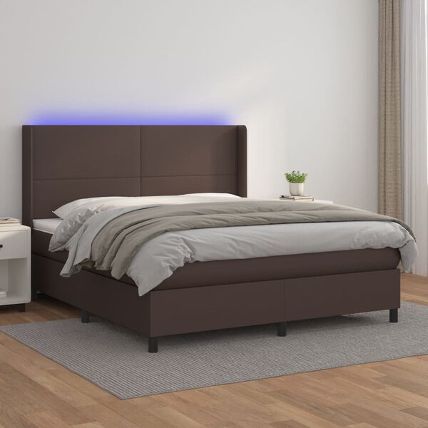 vidaXL Box spring postel s matrac&iacute; a LED hněd&aacute; 180x200 cm uměl&aacute; kůže