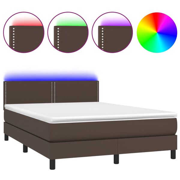 vidaXL Box spring postel s matrac&iacute; a LED hněd&aacute; 140x200 cm uměl&aacute; kůže