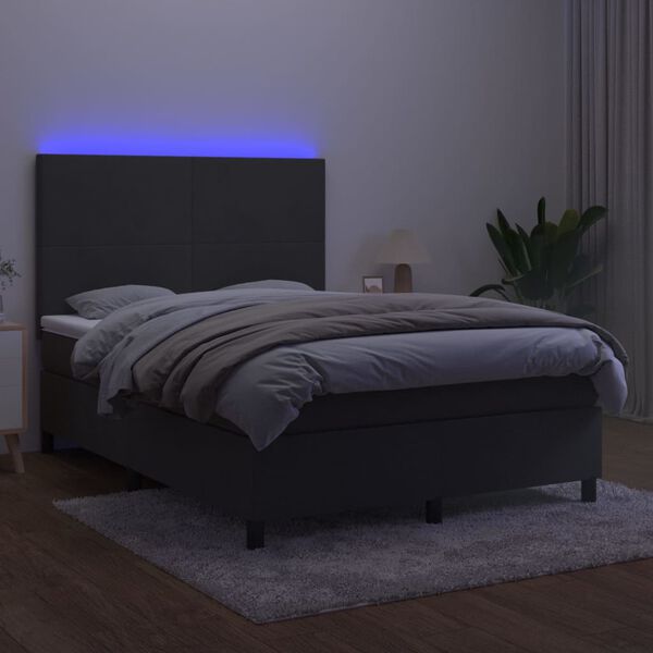 vidaXL Box spring postel s matrac&iacute; a LED tmavě &scaron;ed&aacute; 140x200 cm samet
