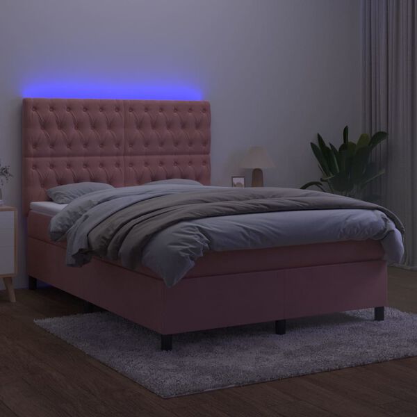 vidaXL Box spring postel s matrac&iacute; a LED růžov&aacute; 140x190 cm samet