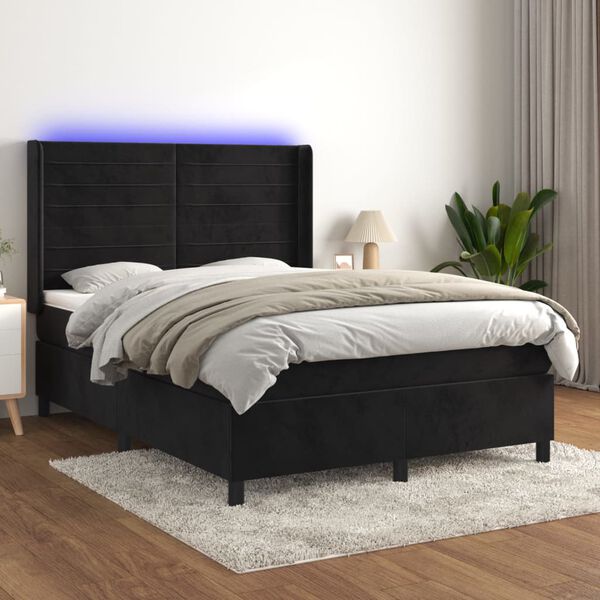 vidaXL Box spring postel s matrac&iacute; a LED čern&aacute; 140x190 cm samet