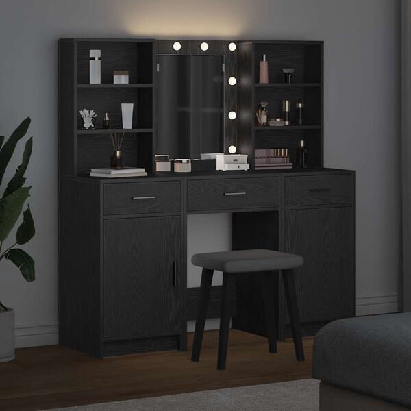 vidaXL Sada toaletn&iacute;ho stolku s LED 3 pcs Čern&yacute; dub kompozitn&iacute; dřevo