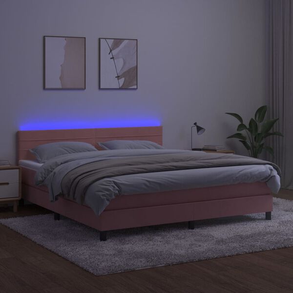 vidaXL Box spring postel s matrac&iacute; a LED růžov&aacute; 180x200 cm samet