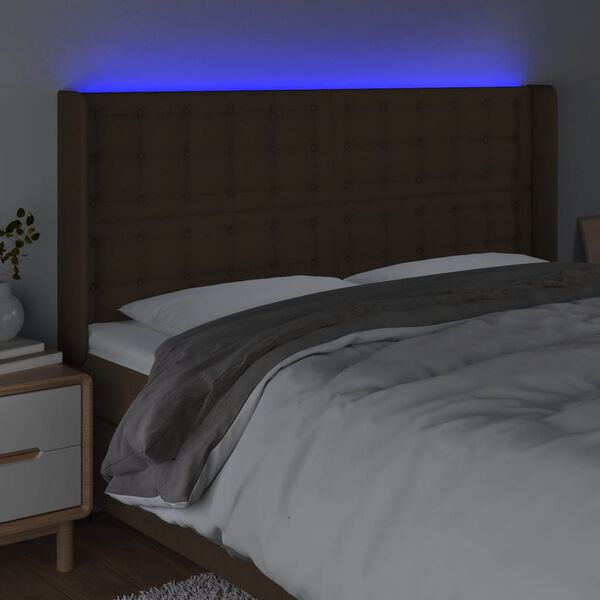 vidaXL Čelo postele s LED tmavě hněd&eacute; 203 x 16 x 118/128 cm textil