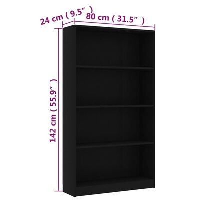 vidaXL Knihovna se 4 policemi černá 80 x 24 x 142 cm dřevotříska