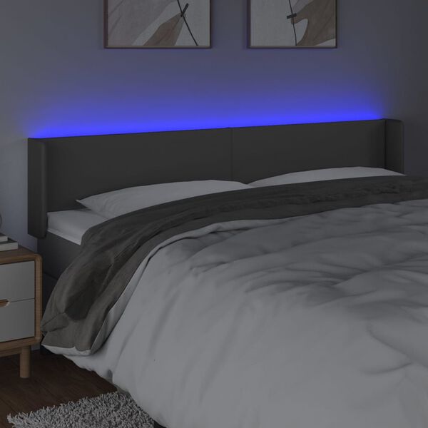 vidaXL Čelo postele s LED &scaron;ed&eacute; 203 x 16 x 78/88 cm uměl&aacute; kůže