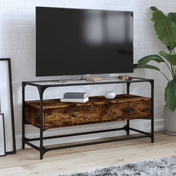 vidaXL TV skř&iacute;ňka se skleněnou deskou kouřov&yacute; dub 98x35x51 cm kompozit