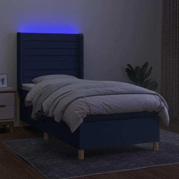 vidaXL Box spring postel s matrac&iacute; a LED modr&aacute; 90x200 cm textil