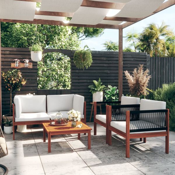 vidaXL 5dílná zahradní sedací souprava s polštáři krémové dřevo akácie a provaz