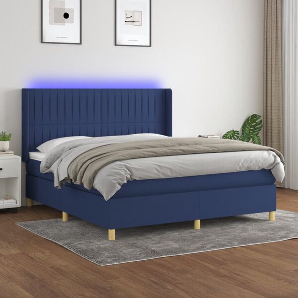 vidaXL Box spring postel s matrac&iacute; a LED modr&aacute; 180x200 cm textil
