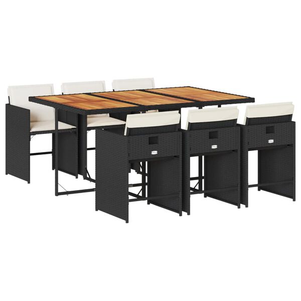 vidaXL 7d&iacute;ln&yacute; zahradn&iacute; j&iacute;deln&iacute; set s podu&scaron;kami čern&yacute; polyratan