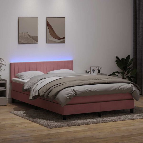 vidaXL Box spring postel s matrac&iacute; a LED růžov&aacute; 140x220 cm samet