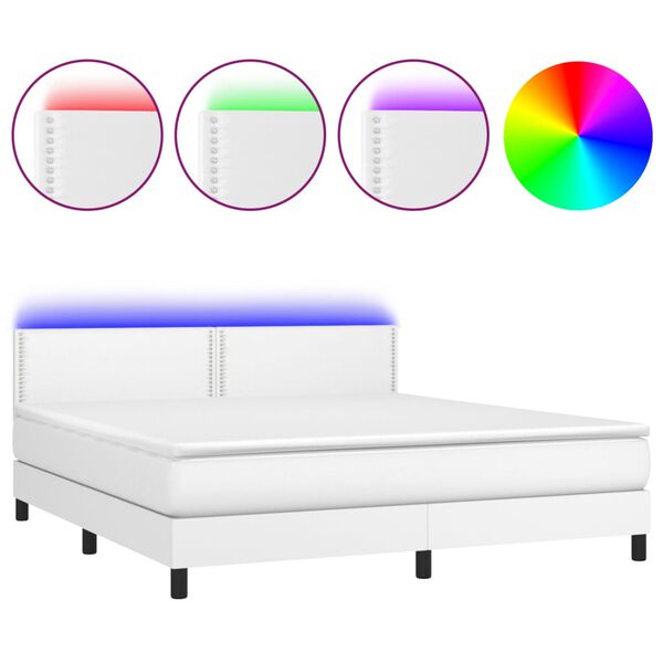 vidaXL Box spring postel s matrac&iacute; a LED b&iacute;l&aacute; 160x200 cm uměl&aacute; kůže