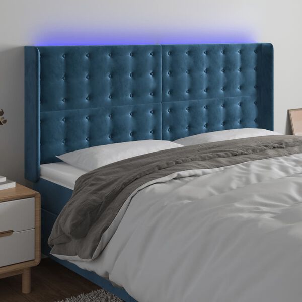 vidaXL Čelo postele s LED tmavě modr&eacute; 203 x 16 x 118/128 cm samet