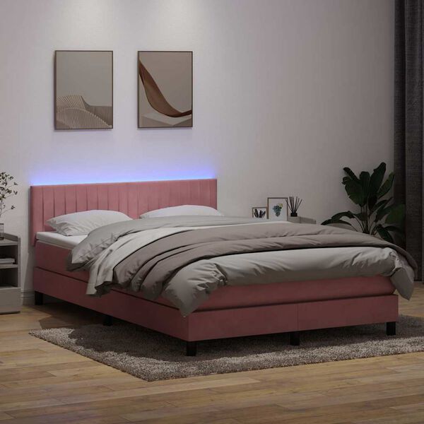 vidaXL Box spring postel s matrac&iacute; a LED růžov&aacute; 140x210 cm samet