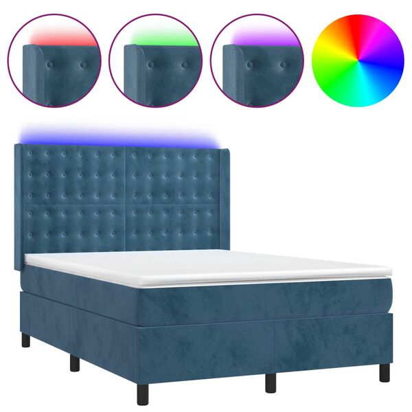vidaXL Box spring postel s matrac&iacute; a LED tmavě modr&aacute; 140x190 cm samet