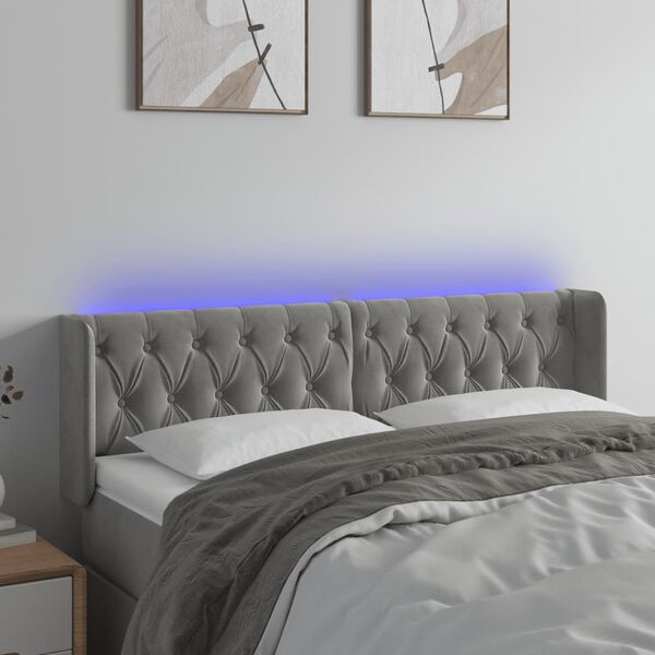 vidaXL Čelo postele s LED světle &scaron;ed&eacute; 147 x 16 x 78/88 cm samet
