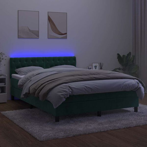 vidaXL Box spring postel s matrac&iacute; a LED tmavě zelen&aacute; 140x190 cm samet