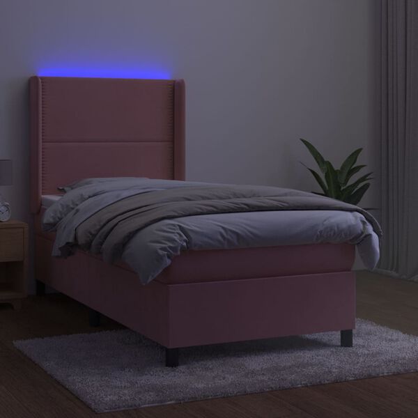 vidaXL Box spring postel s matrac&iacute; a LED růžov&aacute; 100x200 cm samet