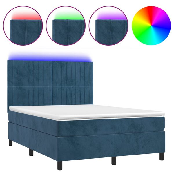 vidaXL Box spring postel s matrac&iacute; a LED tmavě modr&aacute; 140x190 cm samet