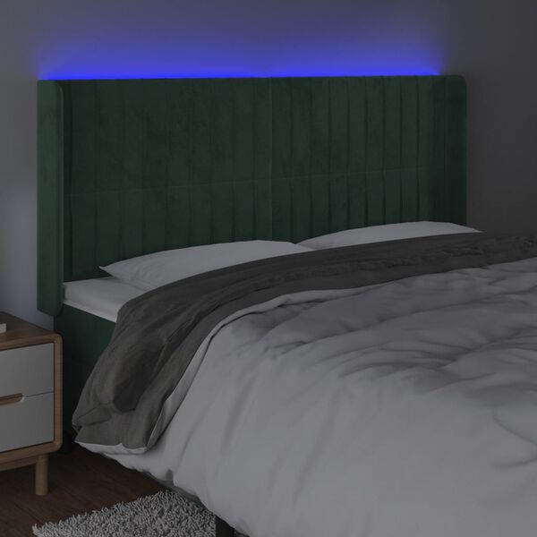 vidaXL Čelo postele s LED tmavě zelen&eacute; 163 x 16 x 118/128 cm samet