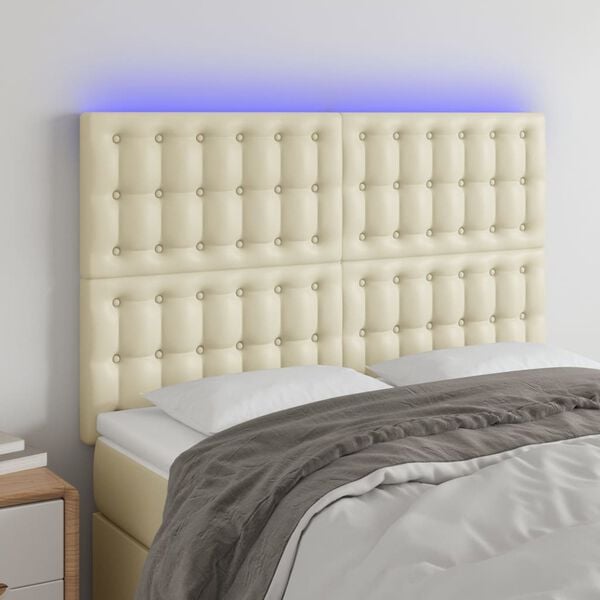 vidaXL Čelo postele s LED kr&eacute;mov&eacute; 144x5x118/128 cm uměl&aacute; kůže