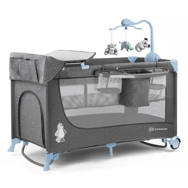 Kinderkraft Skl&aacute;dac&iacute; dětsk&aacute; post&yacute;lka JOY s př&iacute;slu&scaron;enstv&iacute;m modr&aacute; a &scaron;ed&aacute;