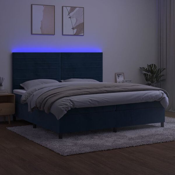 vidaXL Box spring postel s matrac&iacute; a LED tmavě modr&aacute; 200x200 cm samet