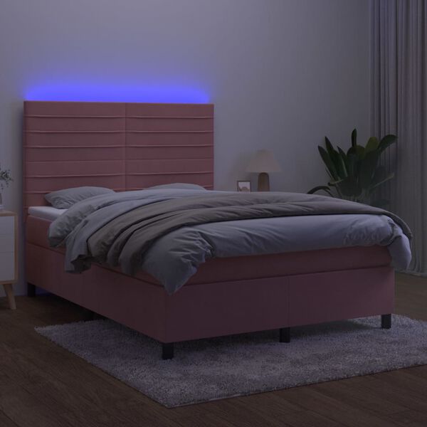 vidaXL Box spring postel s matrac&iacute; a LED růžov&aacute; 140x200 cm samet
