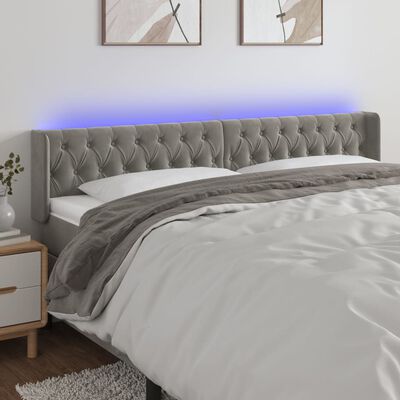 vidaXL Čelo postele s LED světle šedé 203 x 16 x 78/88 cm samet