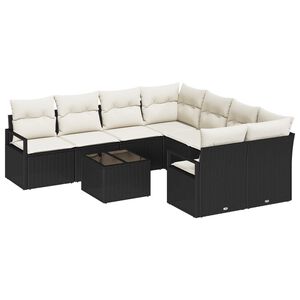 vidaXL Set pohovek s pol&scaron;t&aacute;řem 9 pcs Čern&aacute; a kr&eacute;mov&aacute; polyratan