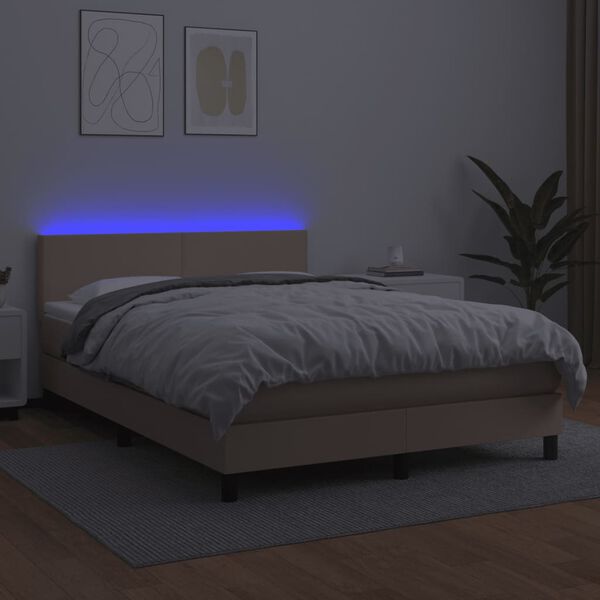 vidaXL Box spring postel matrace a LED cappuccino 140x190cm uměl&aacute; kůže