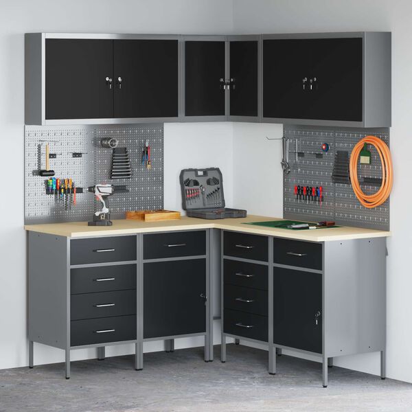 vidaXL Sada pracovn&iacute; skř&iacute;ně se z&aacute;suvkou s polic&iacute; 12 pcs Čern&aacute; a &scaron;ed&aacute;