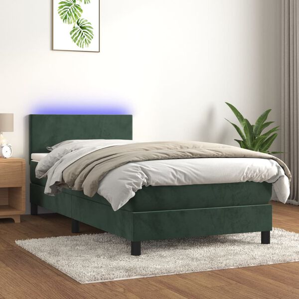 vidaXL Box spring postel s matrac&iacute; a LED tmavě zelen&aacute; 90x190 cm samet
