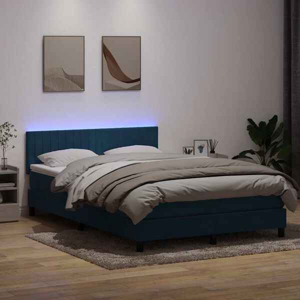 vidaXL Box spring postel s matrac&iacute; a LED tmavě modr&aacute; 160x210 cm samet
