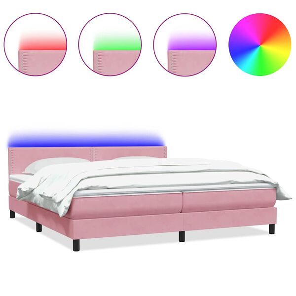 vidaXL Box spring postel s matrac&iacute; a LED růžov&aacute; 180x210 cm samet